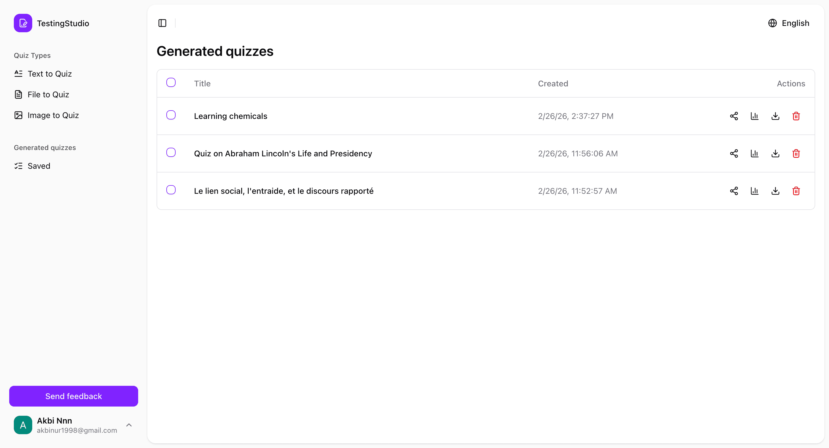 Generated quizzes list preview