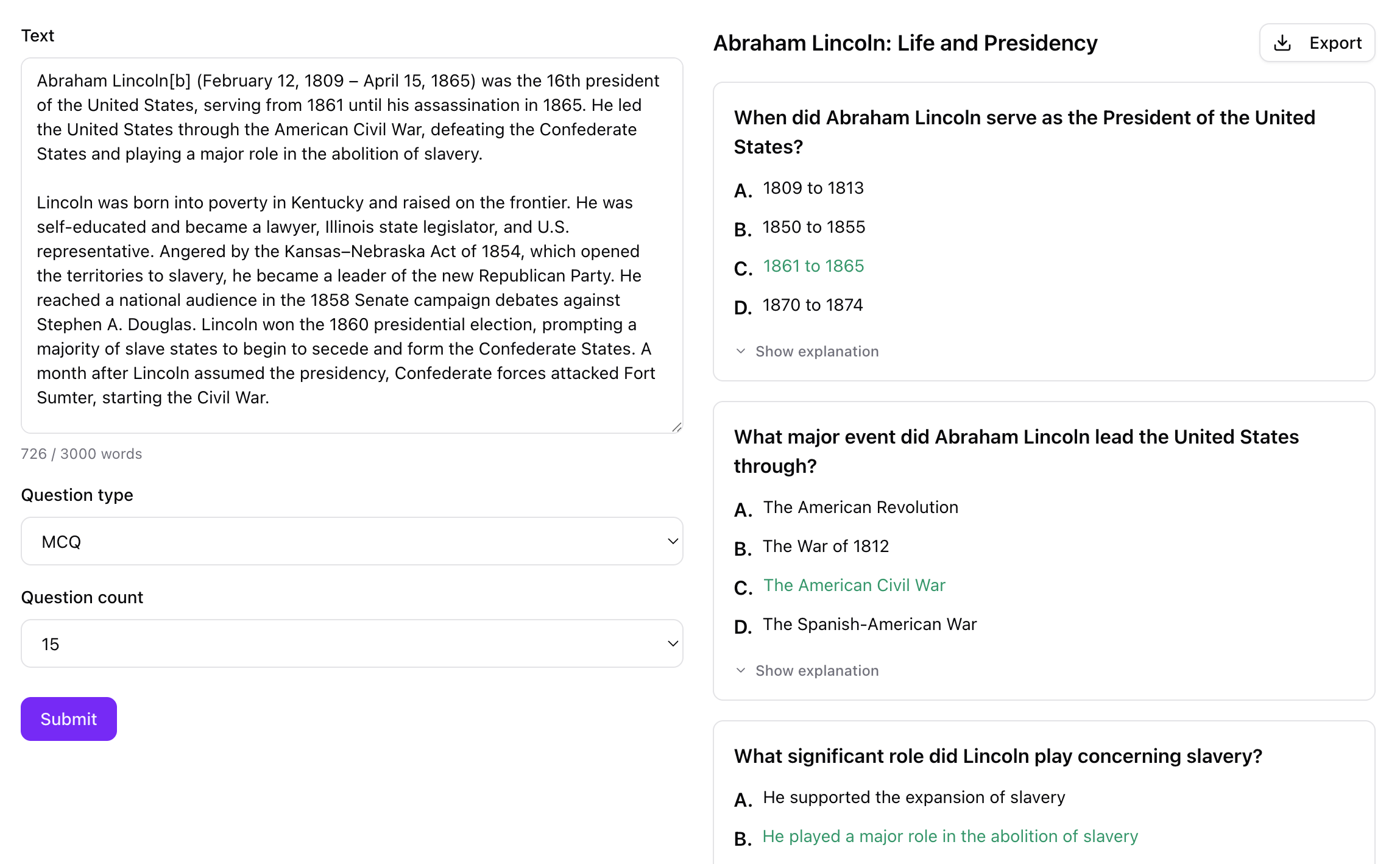 TestingStudio AI quiz generation interface showing the process of converting text and files into quizzes